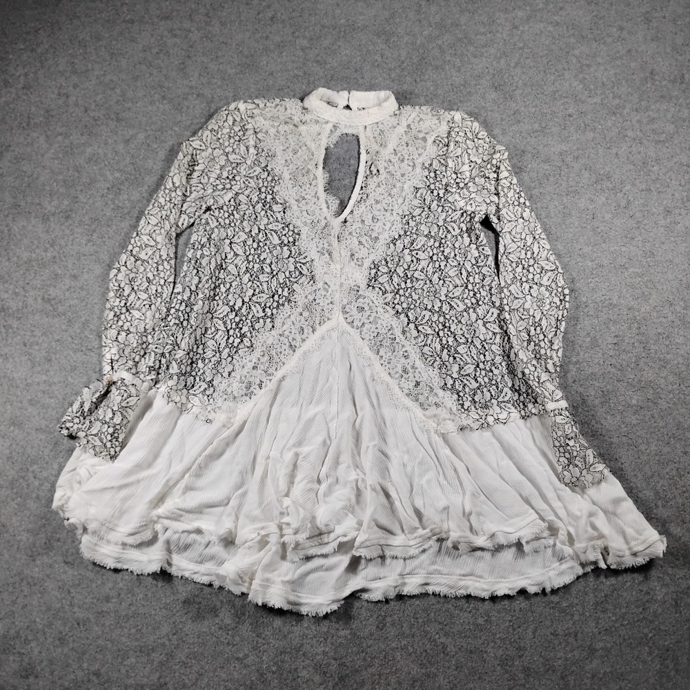 Free People Tell Tale Lace Tunic Top Women's Size XS White Black Keyhole Blouse